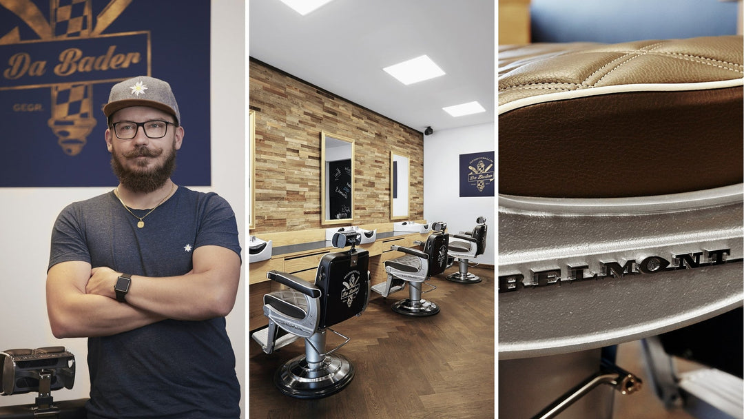 Takara Belmont Barberstühle mit Sonderbezug und Logo-Stickerei im Männersalon