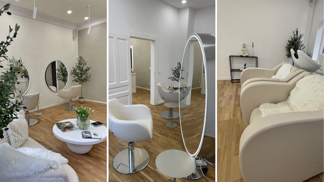 Runde Friseurspiegel Luna mit Beleuchtung, Doppelfrisierplatz Arya und Friseurstühle Nubi in Beige