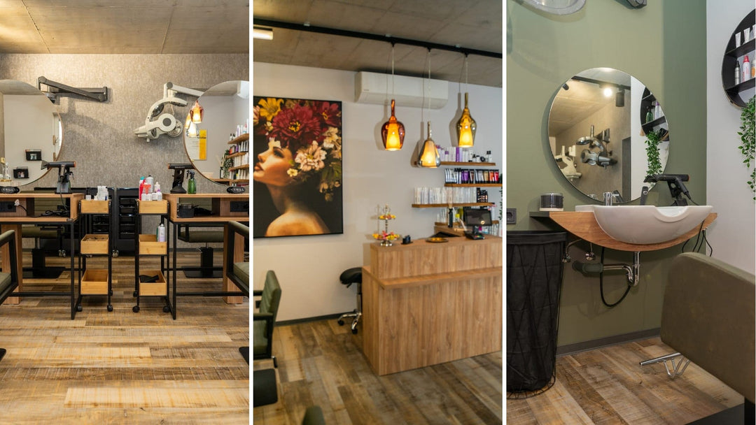 Friseurstühle Pahi Denis in Grün und Doppelfrisierplätze Baus im Friseursalon